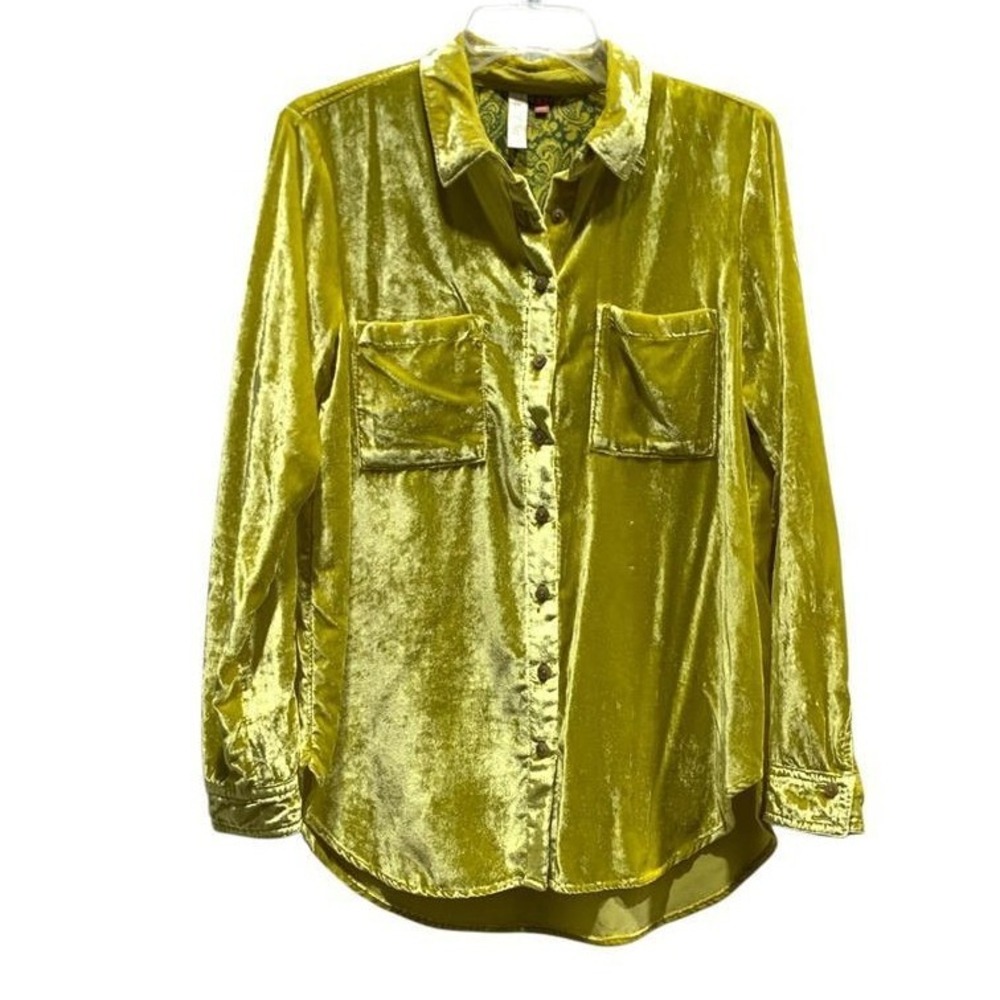 Pilcro and the Letterpress Chartreuse Green Velvet Button Down Shirt Womens 6 - Picture 2 of 12